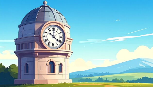 Historic Clock Tower in Scenic Countryside Landscape.