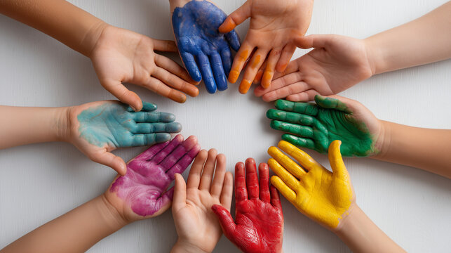  Children&rsquo;s painted hands in tricolor forming unity circle with space for Independence Day message.
