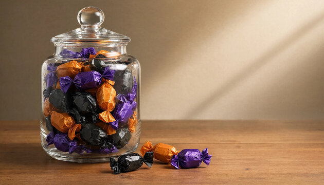 Glass candy jar filled with orange, black and purple wrapped Halloween sweets on wooden table, copy space