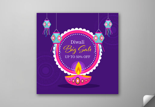 Editable Diwali Festival Big Sale Social Media Post with Up to 50 Percent Off, Hanging Lanterns (Kandil) and Glowing Diya on Purple Background.