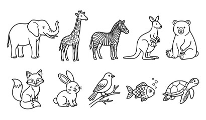 Cute Animal Outline Collection with Elephant, Giraffe, Zebra, Kangaroo, Bear, Rabbit, Bird and Fish Vector © Keyapayal