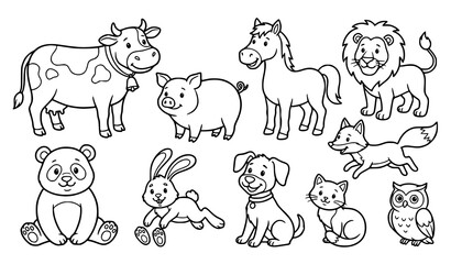 Obraz premium Cute Farm and Wild Animal Outline Collection with Cow, Pig, Horse, Lion, Panda and Owl Vector