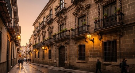 Naklejka premium Historic European city street at dusk.
