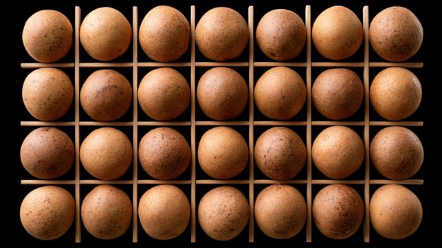 A geometric composition featuring sapodilla fruit arranged within a perfectly balanced grid structure