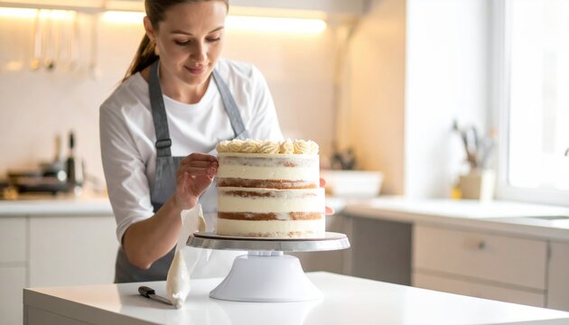 Skilled baker meticulously decorating a delicious multi-layered cake with icing in a bright, modern kitchen setting.