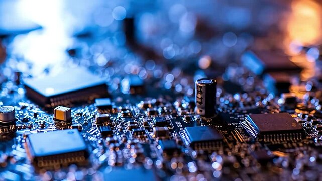 Close-up of a vibrant circuit board with glowing blue and orange lights, symbolizing technology.