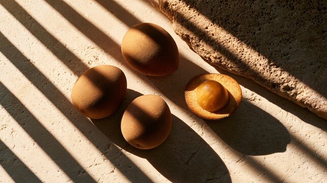 A golden-hour composition featuring sapodilla fruit illuminated by warm sunlight casting elegant shadows across natural stone