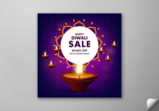 Editable Happy Diwali Festival Sale Social Media Post with 40 to 60 Percent Off and Hanging Lit Oil Lamps (Diya) on Purple Background.