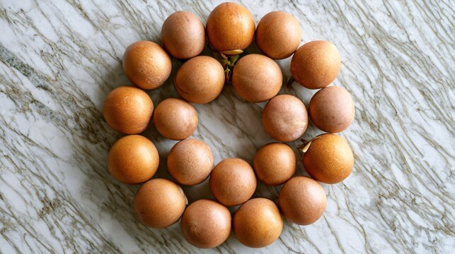 A luxury culinary magazine-inspired composition featuring asymmetrical placement of sapodilla fruit and refined styling