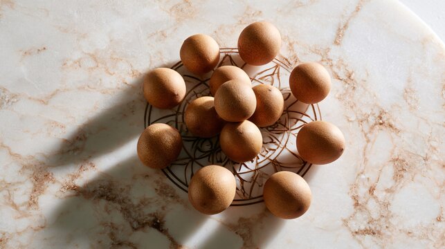 A luxury culinary magazine-inspired composition featuring asymmetrical placement of sapodilla fruit and refined styling