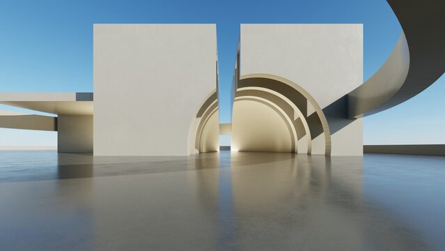 Abstract architecture background, Concrete wall structure with arched tunnel passage on empty floor, Scene for car presentation, Modern Exterior, 3D rendering