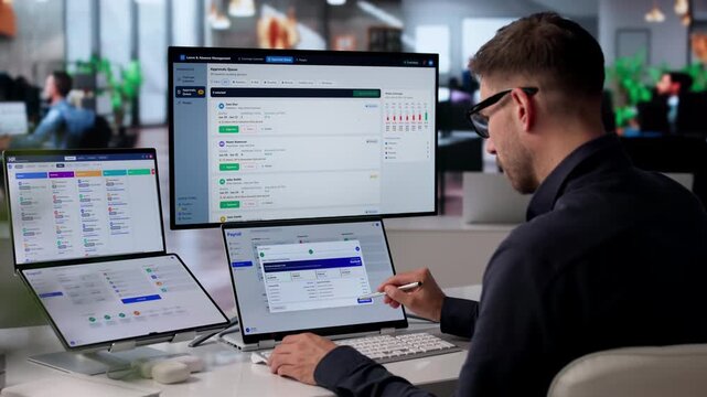 HR Manager Reviews Payroll Software On Dual-screen Laptop