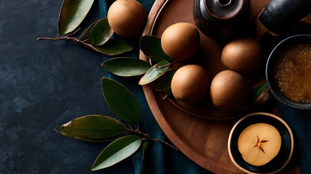 A luxury culinary magazine-inspired composition featuring asymmetrical placement of sapodilla fruit and refined styling