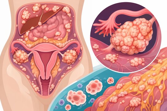 Advanced ovarian carcinoma medical illustration showing malignant cancer tumor spread across female pelvic organs and peritoneal cavity