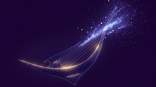 Glowing divine lyre harp with light beams and sparkles on dark navy background, ancient Greek music