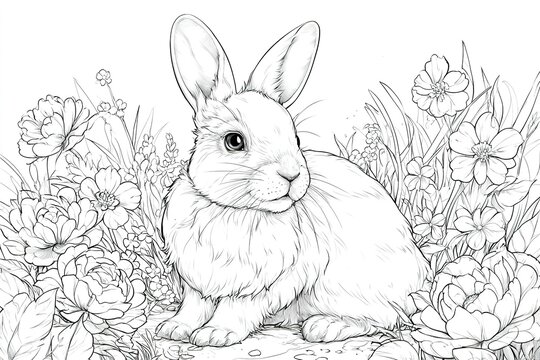 Detailed line art coloring page of cute rabbit sitting among spring garden flowers with delicate foliage and blossoms.