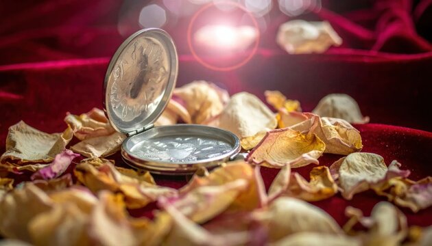 Open antique silver locket nestled amongst dried petals on a rich red fabric background