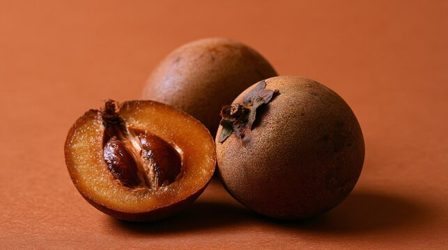 A monochromatic caramel-brown composition emphasizing the warm natural tones found in sapodilla fruit