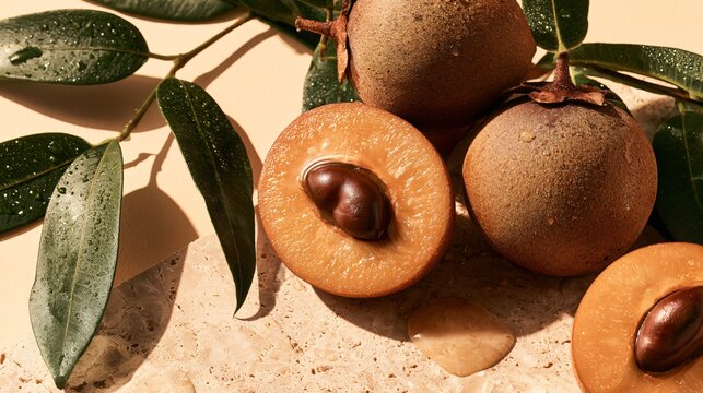 A premium composition featuring sapodilla fruit, tropical harvest scenes, caramel-colored flesh, glossy seeds, lush foliage, water droplets, architectural shadows and polished stone surfaces