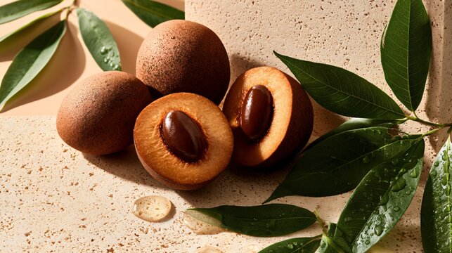 A premium composition featuring sapodilla fruit, tropical harvest scenes, caramel-colored flesh, glossy seeds, lush foliage, water droplets, architectural shadows and polished stone surfaces