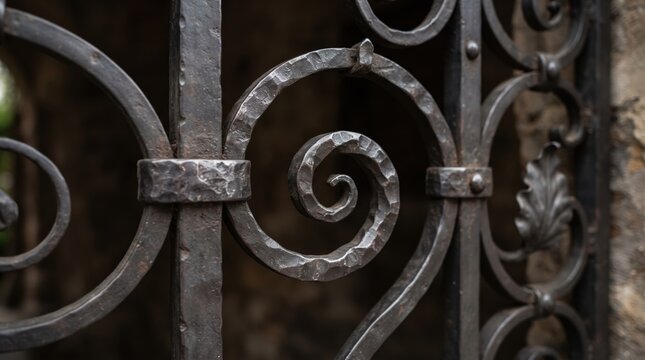 Close up of ornate wrought iron gate with swirling details. Decorative metal fence with vintage architectural design. Craftsmanship and artisan metalwork concept for exterior decor.