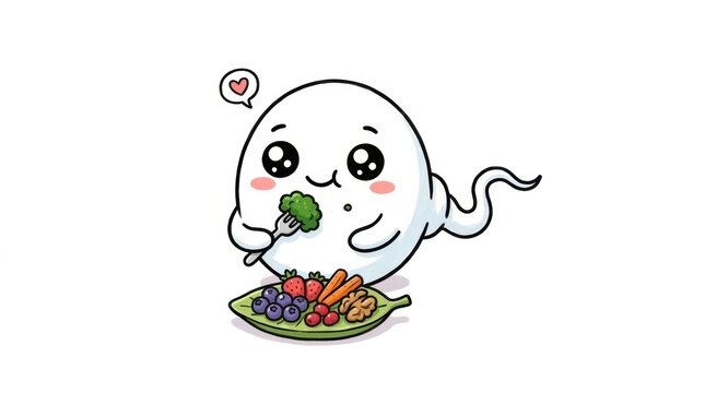 A cartoon sperm cell mascot is happily eating a plate of vegetables and fruits. The character shows a joyful and comical approach to healthy choices.