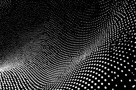 Abstract background featuring white dotted wave pattern created by glowing circles on dark surface with smooth ripple depth.