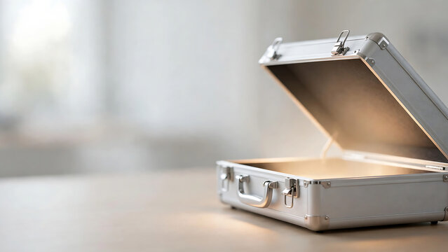 Open silver briefcase glowing with bright light representing success and opportunity