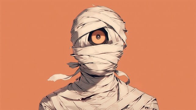 Stylized cyclops mummy on orange background, Halloween horror comic illustration concept
