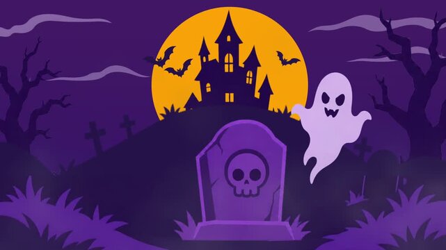 Halloween Graveyard Animation with Ghost, Haunted Castle and Tombstone on Purple Night Background, Spooky Motion Graphic