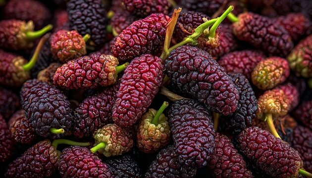 A Close Up Top View Full Frame Texture of Fresh Raw Ripe Purple Black Sugar Mulberries Fruit Bowl