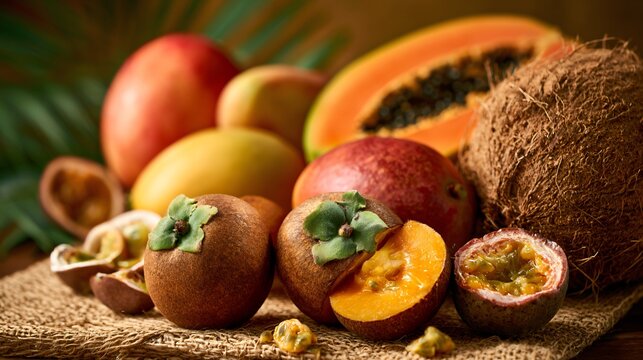 A tropical abundance composition featuring sapodilla fruit paired with mangoes, papayas, coconuts, and passion fruit