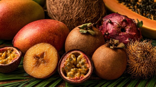 A tropical abundance composition featuring sapodilla fruit paired with mangoes, papayas, coconuts, and passion fruit