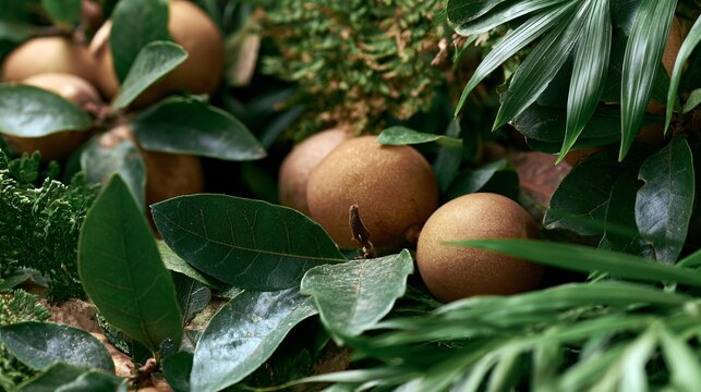 A tropical botanical composition featuring sapodilla fruit displayed among fresh leaves and lush greenery