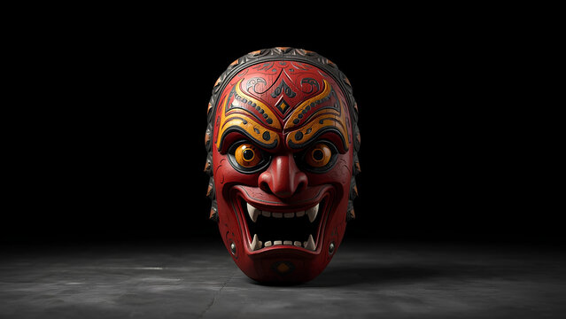 Traditional wooden devil mask isolated on dark studio background
