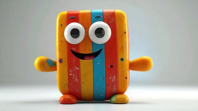 Colorful striped square character with big friendly eyes.
