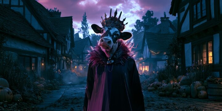 Regal Bovine Ruler in Moonlit Haunted Village