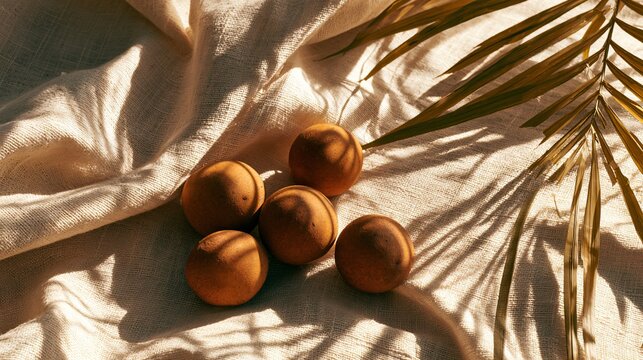 A tropical picnic composition featuring sapodilla fruit arranged on natural linen beneath warm island sunlight