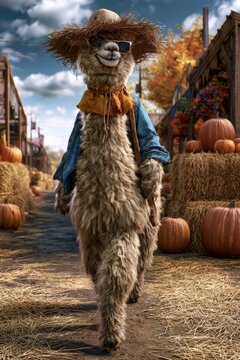 Cool Alpaca Scarecrow Walking Through Halloween Harvest