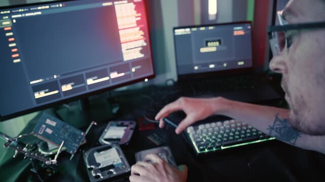 A computer specialist works with storage devices and a glowing keyboard in a low-light technical workspace.