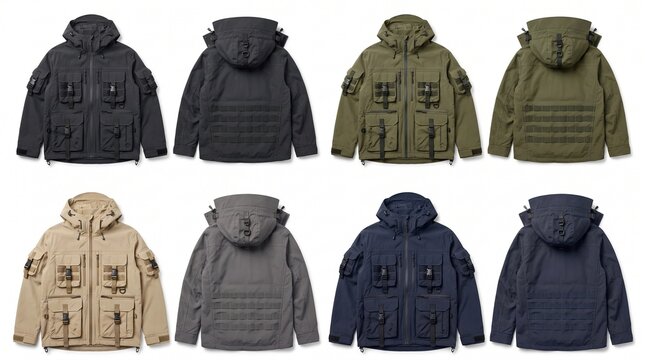 Blank Tactical Utility Jacket Mockup Set Front and Back View Techwear Outerwear Apparel Grid Template