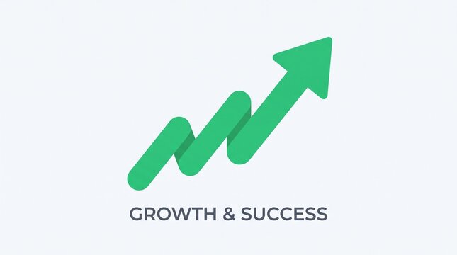 a folded green ribbon arrow pointing upward with the text growth and success below it