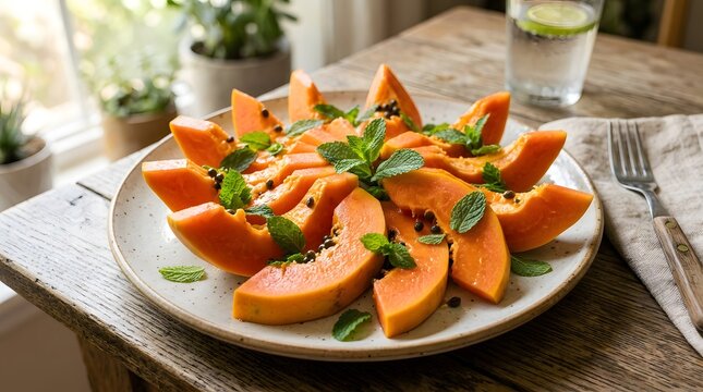 Fresh sliced papaya on a plate, tropical fruit snack served with mint leaves, perfect for national papaya month