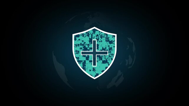 Medical shield icon with a digital camouflage pattern and cross on a dark globe background