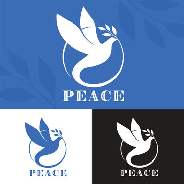 PEACE Symbol sign with peace text and white bird fly and hold circle leaf branches frame rounded around on blue background vector design