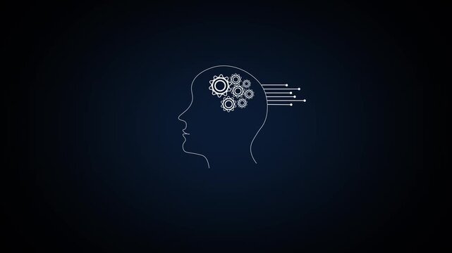 Simple head outline with gears and circuit lines on a dark blue background, showing ideas, thinking, and technology