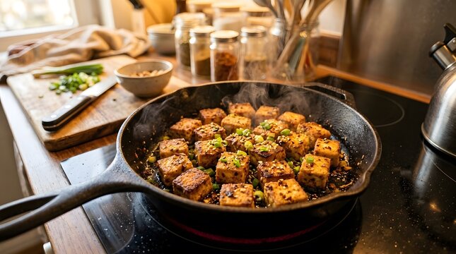 Fried tofu in a cast iron skillet, cooking healthy plant-based meal in a home kitchen, perfect for national tofu day