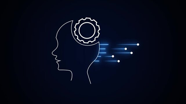 Minimal line art of human head with gear symbol and blue digital lines on dark background, showing thinking, innovation and artificial intelligence