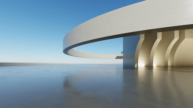 Abstract architecture background, Concrete oval cantilever roof structure with arched columns on empty reflective floor, Scene for car presentation, Modern Exterior, 3D rendering