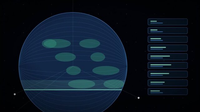 Abstract animated planet under a remote sensing scan drawn as cyan and teal glowing lines and dots on a deep dark background. Clean minimal motion graphics element with free space around it, ideal for